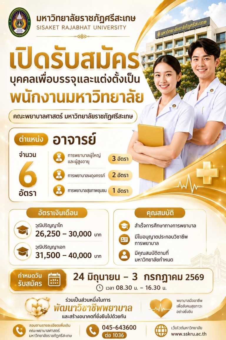 ประกาศรับสมัคร”อาจารย์พยาบาล” สังกัดคณะพยาบาลศาสตร์ มหาวิทยาลัยราชภัฏศรีสะเกษ
